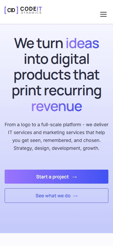 CodeIt Dynamics homepage on a mobile screen